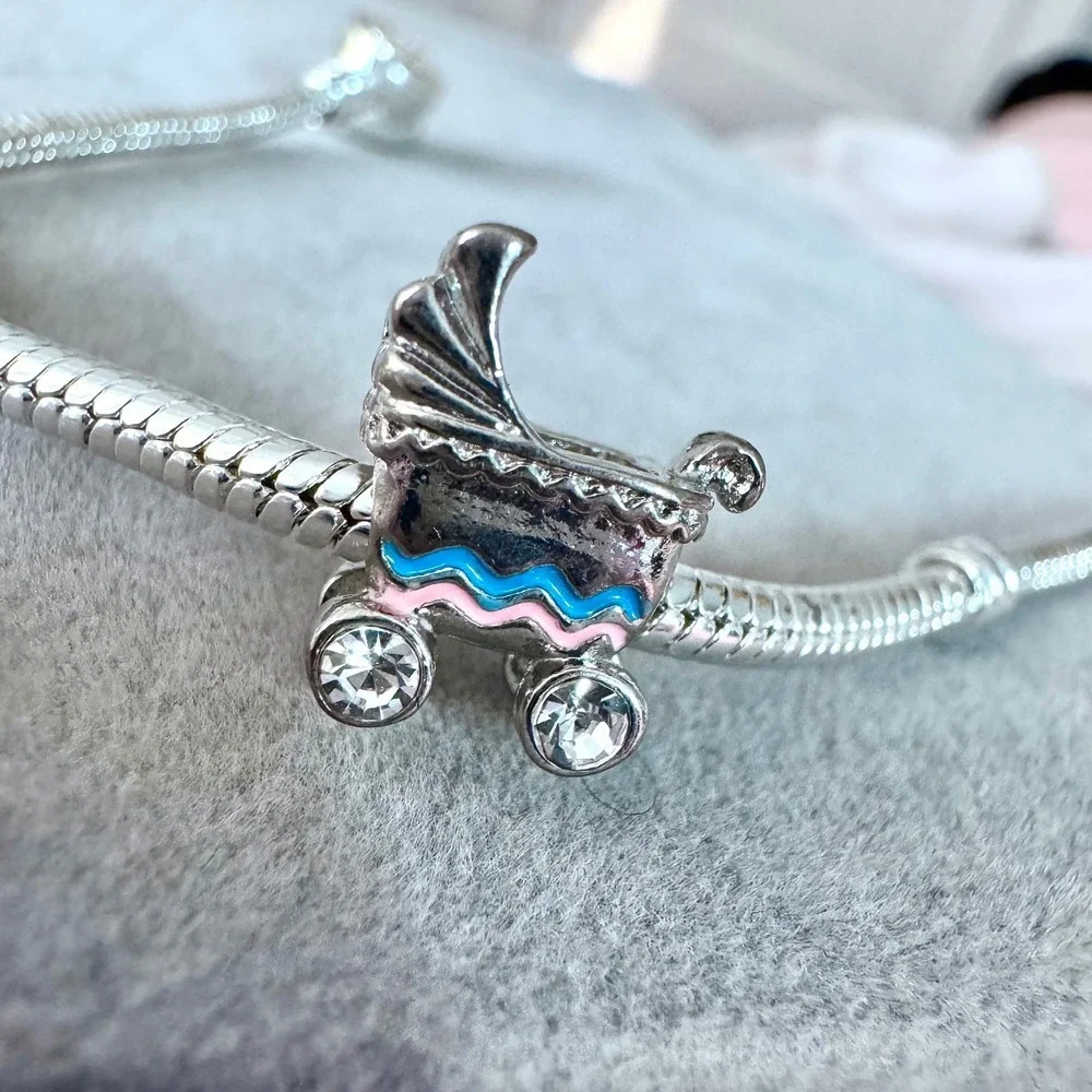 Baby Carriage Stroller Charm Silver Pink Blue fits PANDORA